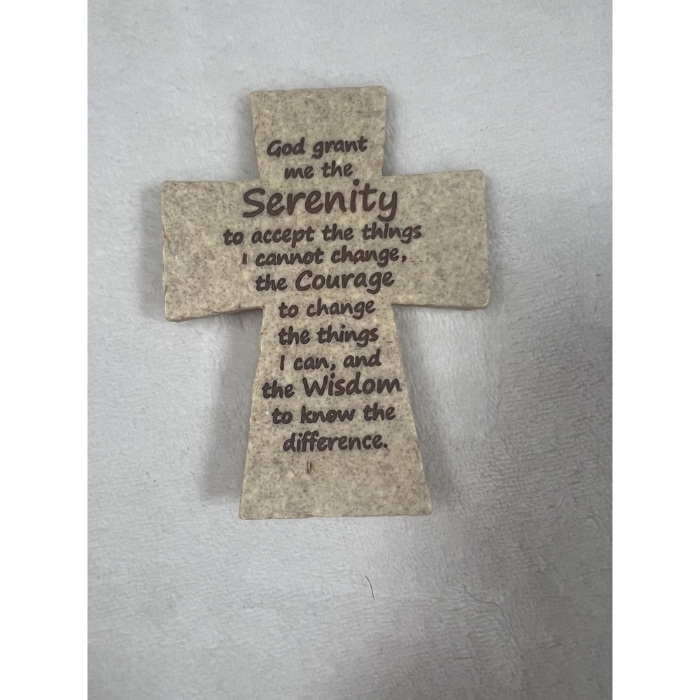 Roman Serenity Prayer Cross‎ Plaque Tan Stone Look Christian Tabletop Decor